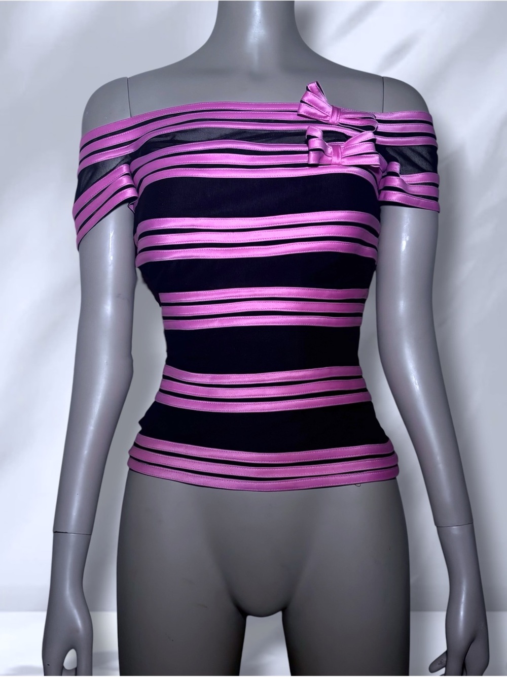 Striped Off-Shoulder Camisole with Bow in Black and Pink